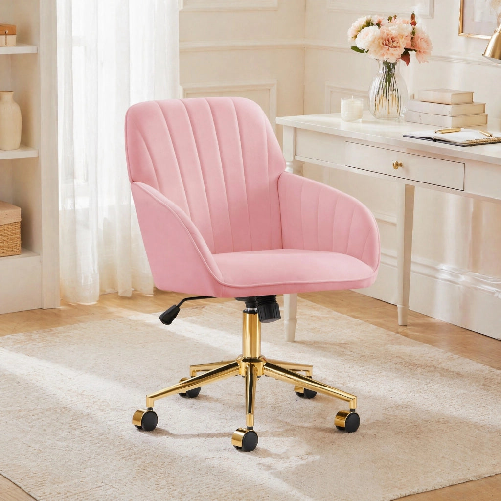 Sedia girevole ergonomica regolabile in altezza, velluto rosa, con schienale e ruote