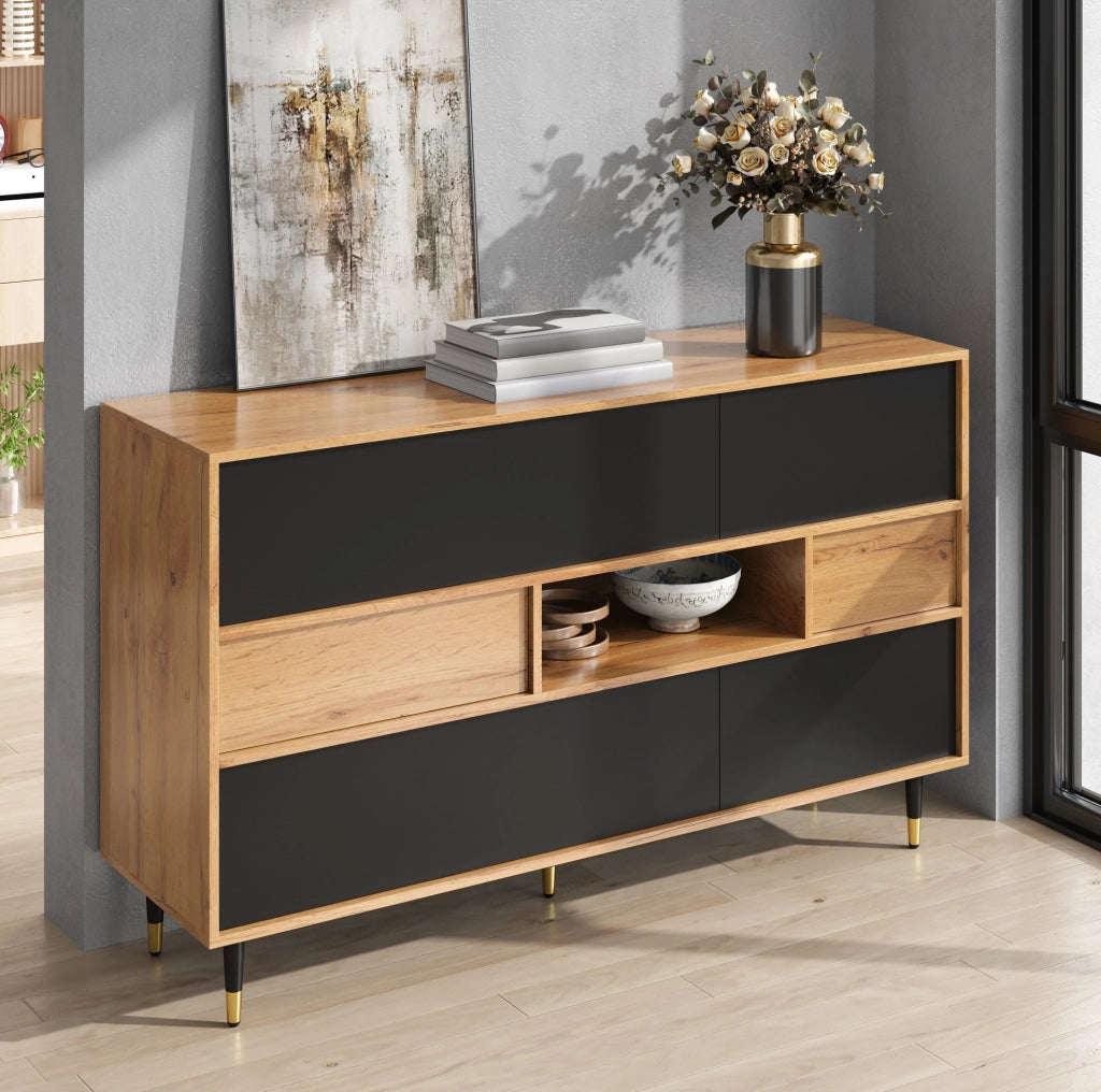 Credenza bicolore 140 cm con 2 cassetti e vani contenitore