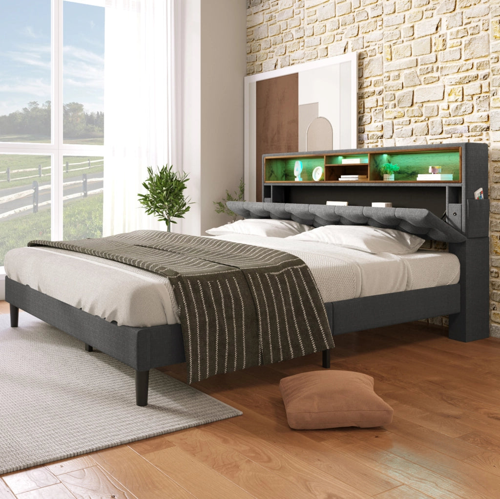 Letto imbottito grigio 140 x 200 cm con testiera contenitore e LED