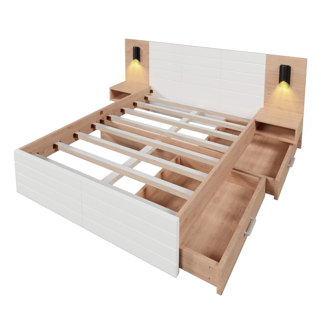 Letto matrimoniale 140x200 cm con materasso; cassetti; luce da lettura USB; bianco e rovere chiaro