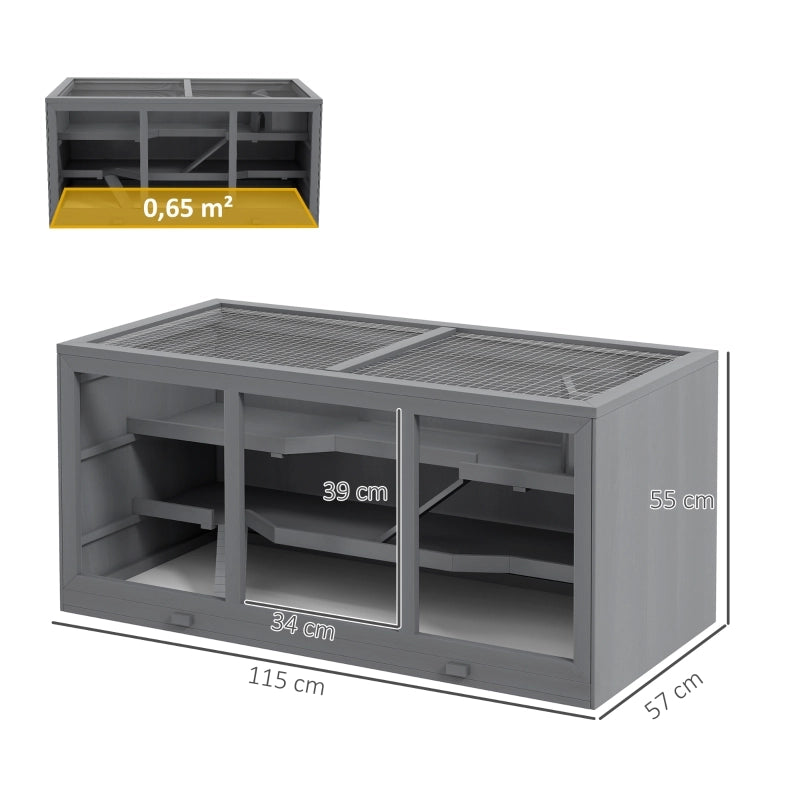 Gabbia per piccoli animali a più livelli in legno grigia 115 × 57 × 55 cm con tetto regolabile e vassoio lavabile