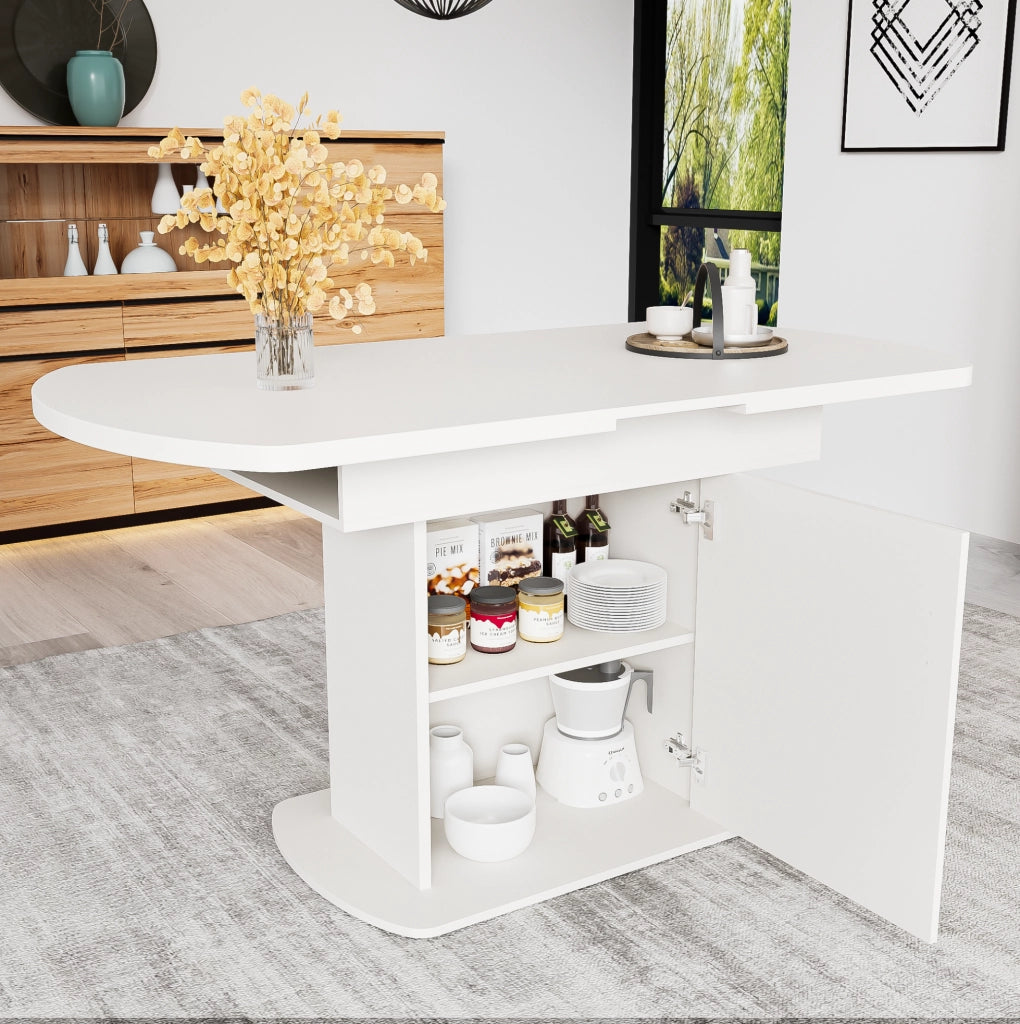 Tavolo da pranzo allungabile ovale 110/130x70x75 cm con vano portaoggetti bianco e maniglia dorata