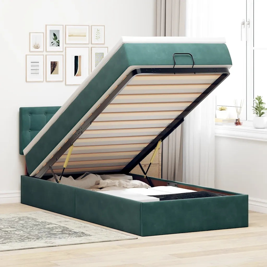 Pouf Letto con Materasso e LED Verde Scuro 90x200cm in Velluto