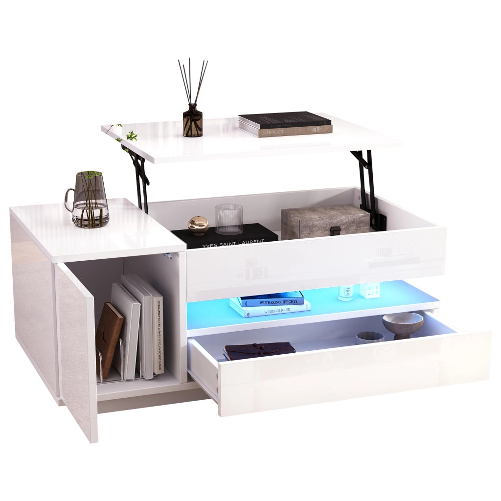 Tavolino da salotto elevabile con LED; cassetto e vani contenitore; 95 x 50 x 34;5 cm; bianco lucido