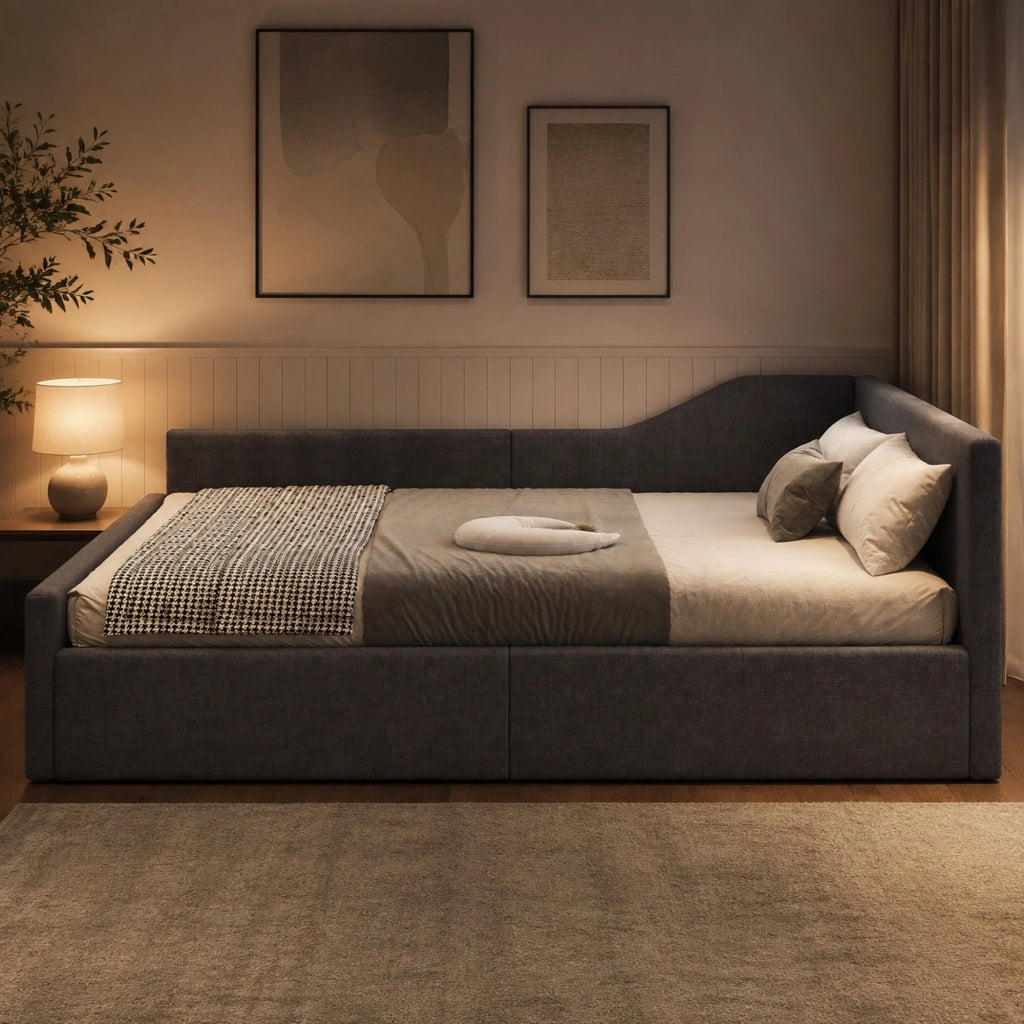 Divano letto con contenitore 140x200 cm in lino grigio; struttura imbottita moderna