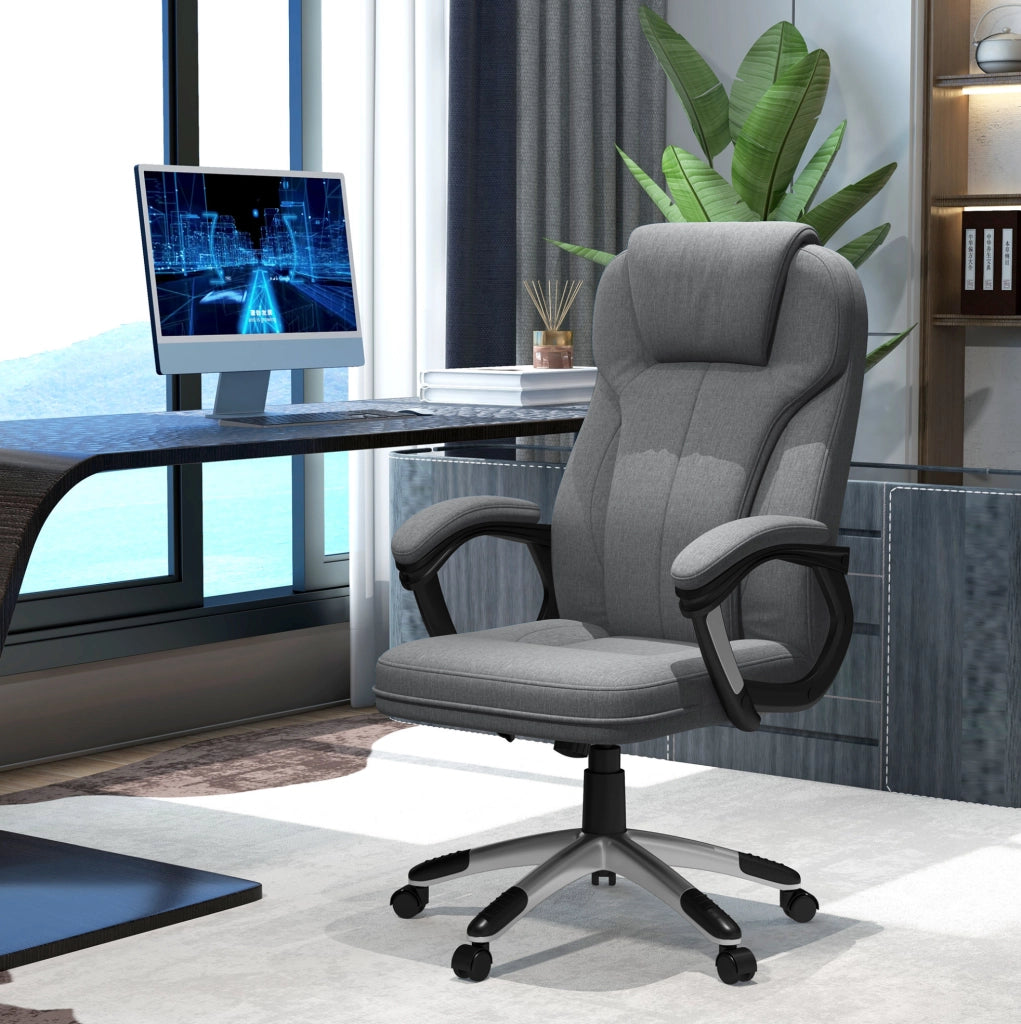 Sedia da ufficio ergonomica grigia con poggiatesta e funzione dondolo