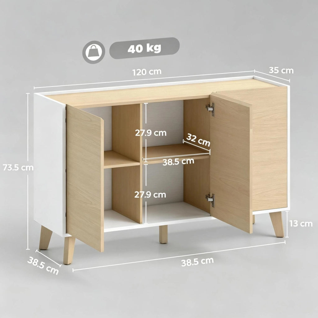 Buffet nordico con 3 porte e 6 scomparti, 120 x 35 x 73,5 cm, bianco e legno naturale