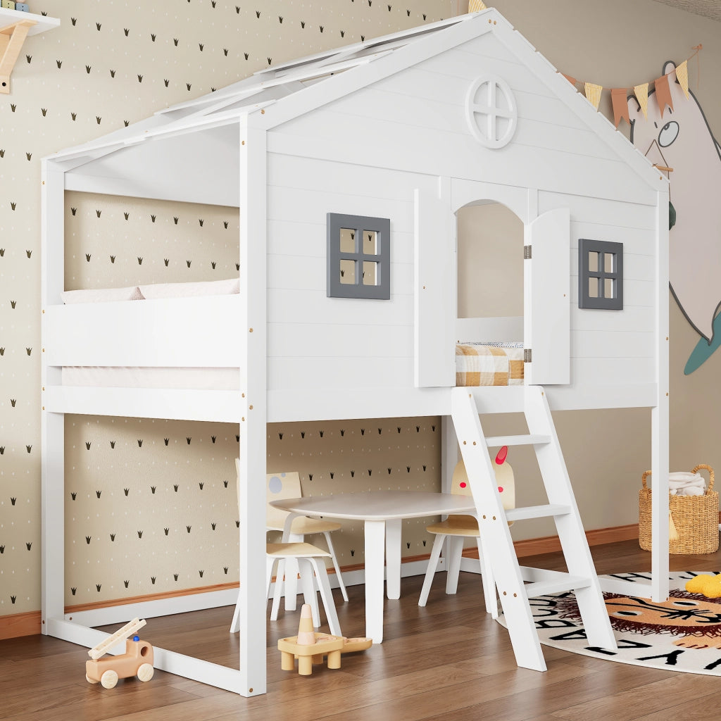 Letto a soppalco per bambini 90 × 200 cm con scala e protezione anticaduta in legno e MDF bianco e grigio