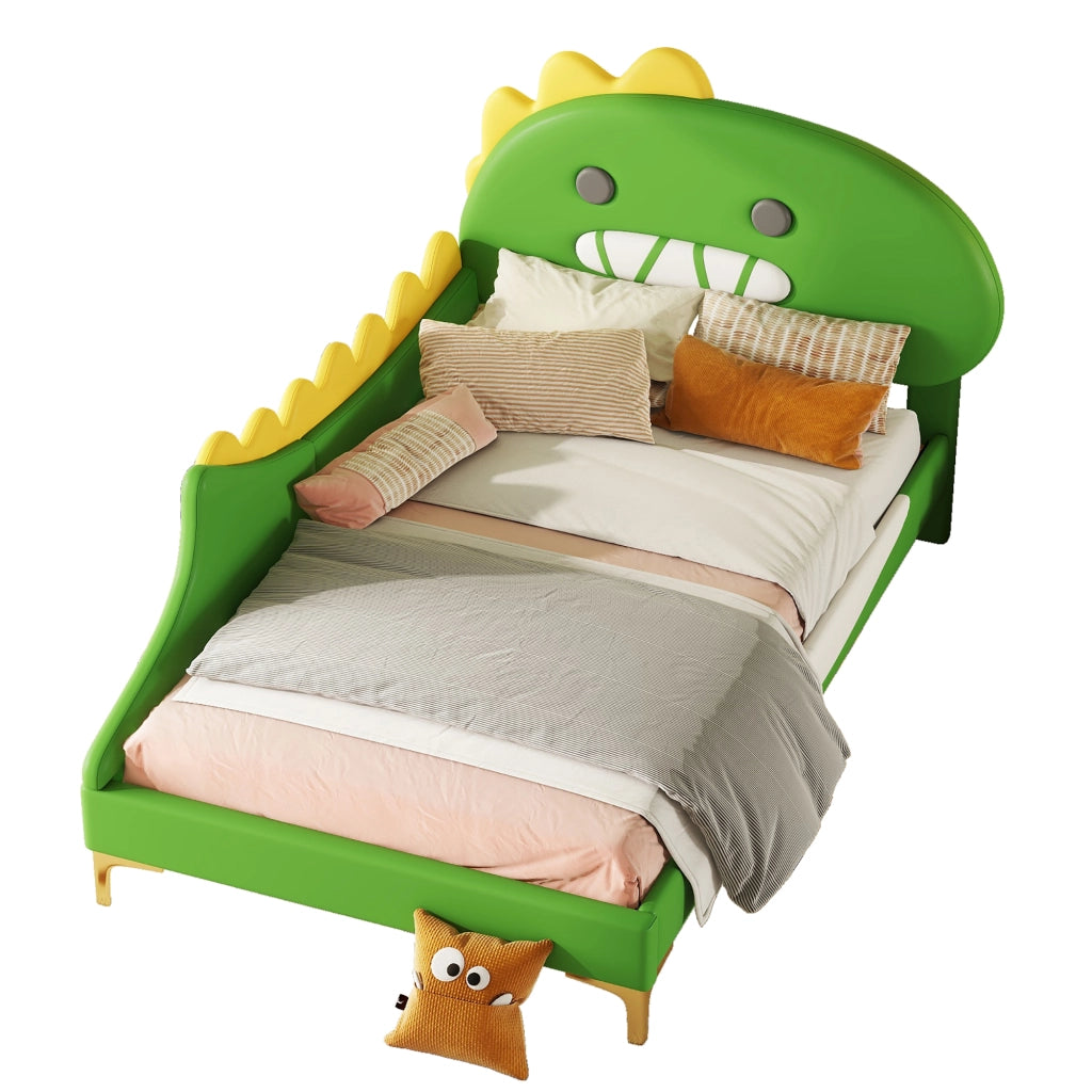 Letto per bambini 90 x 200 cm a forma di dinosauro dei cartoni animati, letto basso in PU - Verde