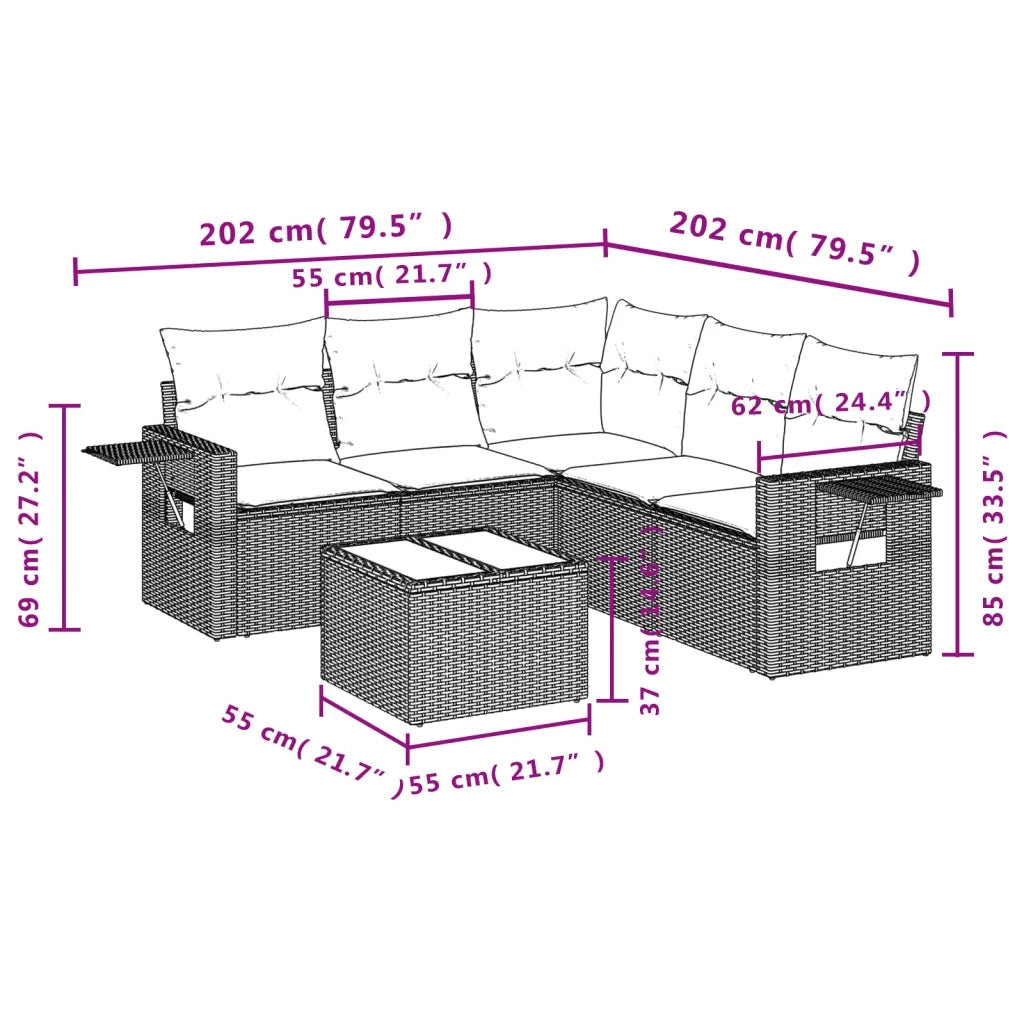 Set Divano da Giardino 6 pz con Cuscini Nero in Polyrattan