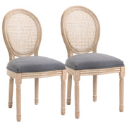 Set 2 Sedie Sala da Pranzo 49x56x96 cm con Schienale in Rattan Traforato Gambe in Legno in Tessuto Effetto Lino Grigio