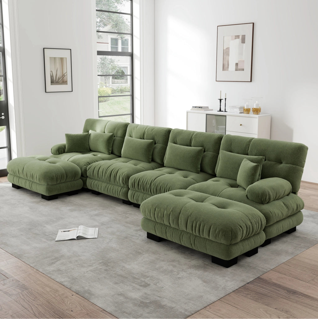 Sofà modulare ad angolo a U 4 posti in chenille verde con pouf mobili