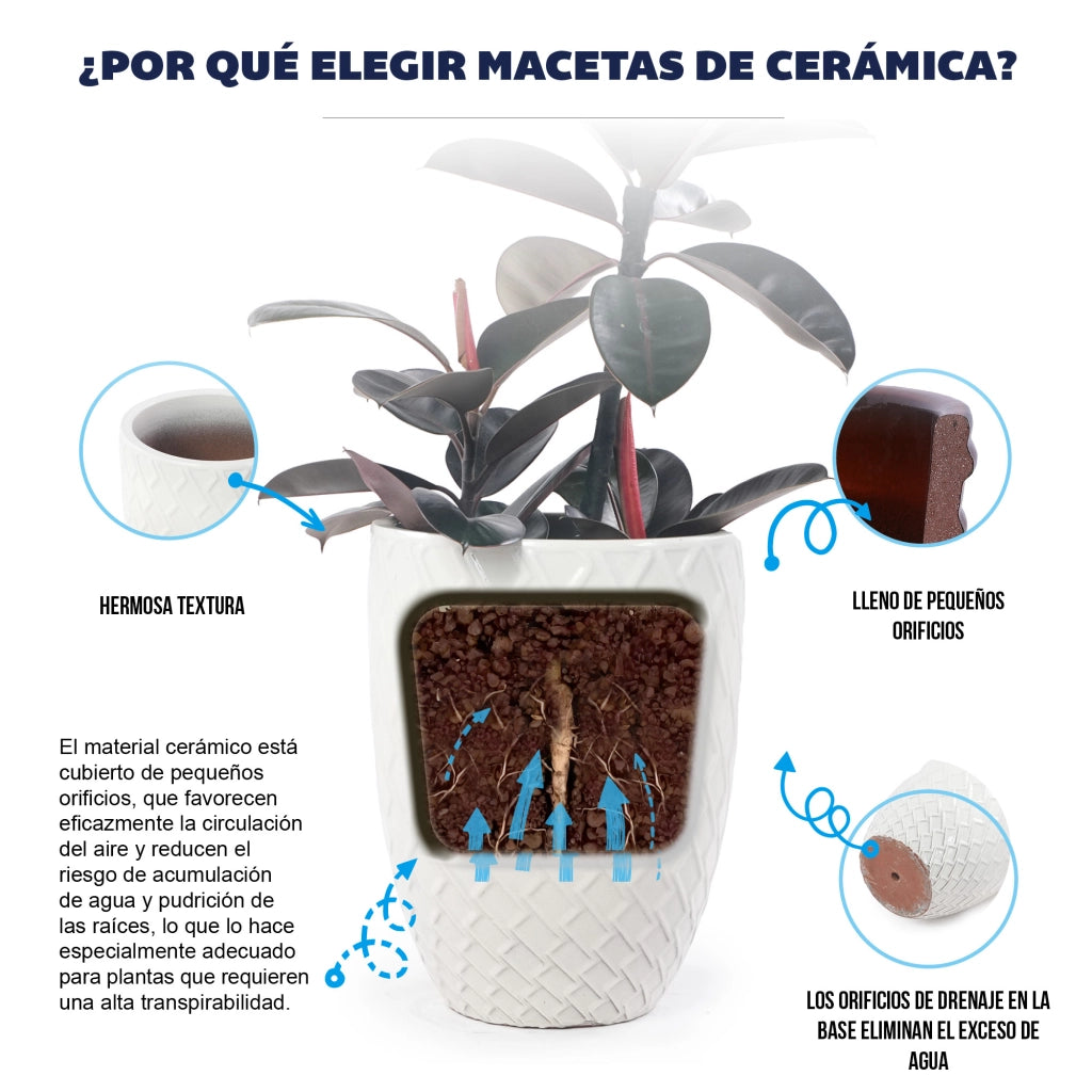 Vaso in ceramica fatto a mano bianco lucido con motivo a rombi e fori di drenaggio diametro 42 cm altezza 54 cm