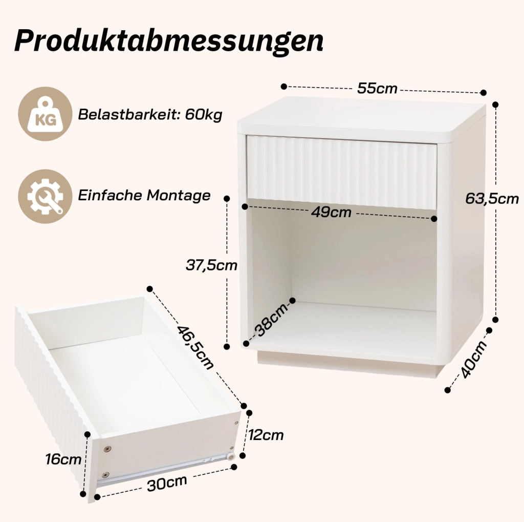 Set da 2 Comodini con Cassetto e Ripiano Aperto, Tavolino da Camera con Design a Pannelli Increspati, Struttura in Legno Robusto 63,5x38x46,5 cm