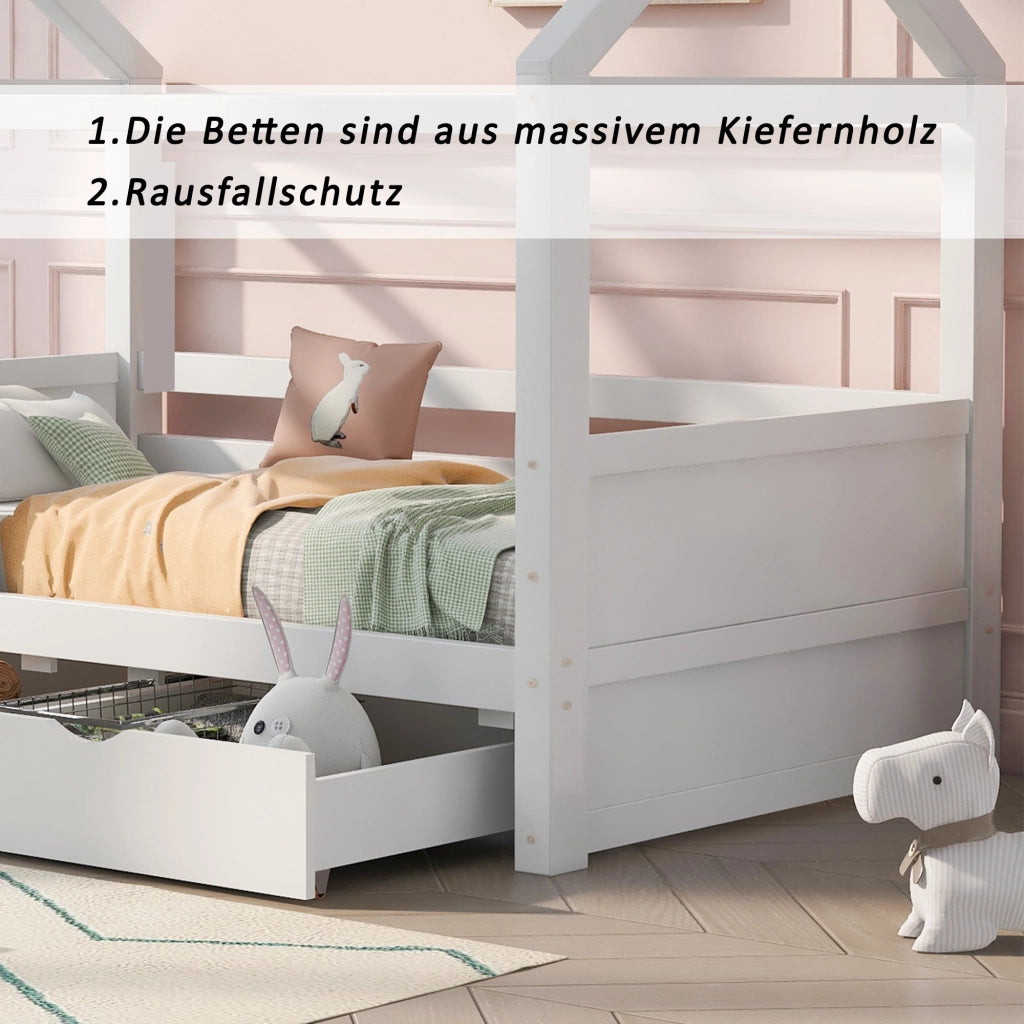 Letto a casetta 80 × 160 cm con cassetti e finestre in legno di pino bianco con rete a doghe inclusa