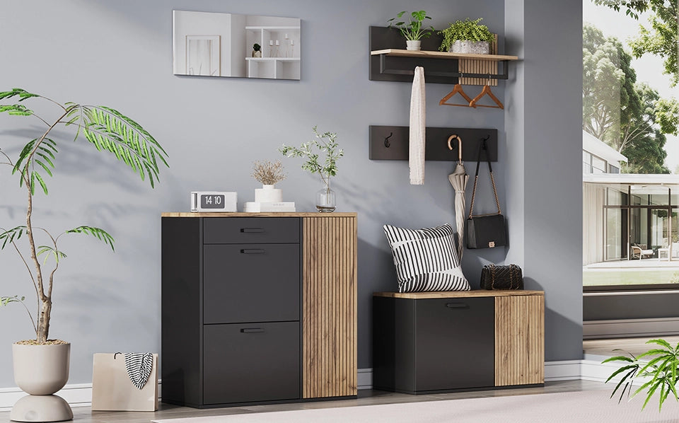 Set ingresso 5 pezzi con specchio, 2 armadietti, panca porta scarpe e appendiabiti nero e legno