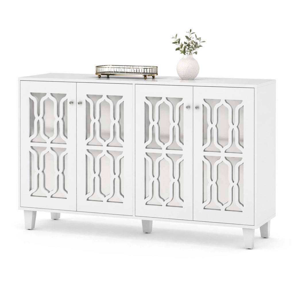 Credenza bianca con superficie a specchio; 4 ante e ripiano interno mobile; 160 x 40 x 84 cm