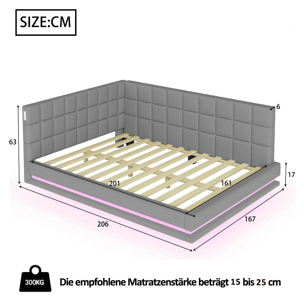 Divano letto imbottito 160x200 con LED, USB e rete a doghe