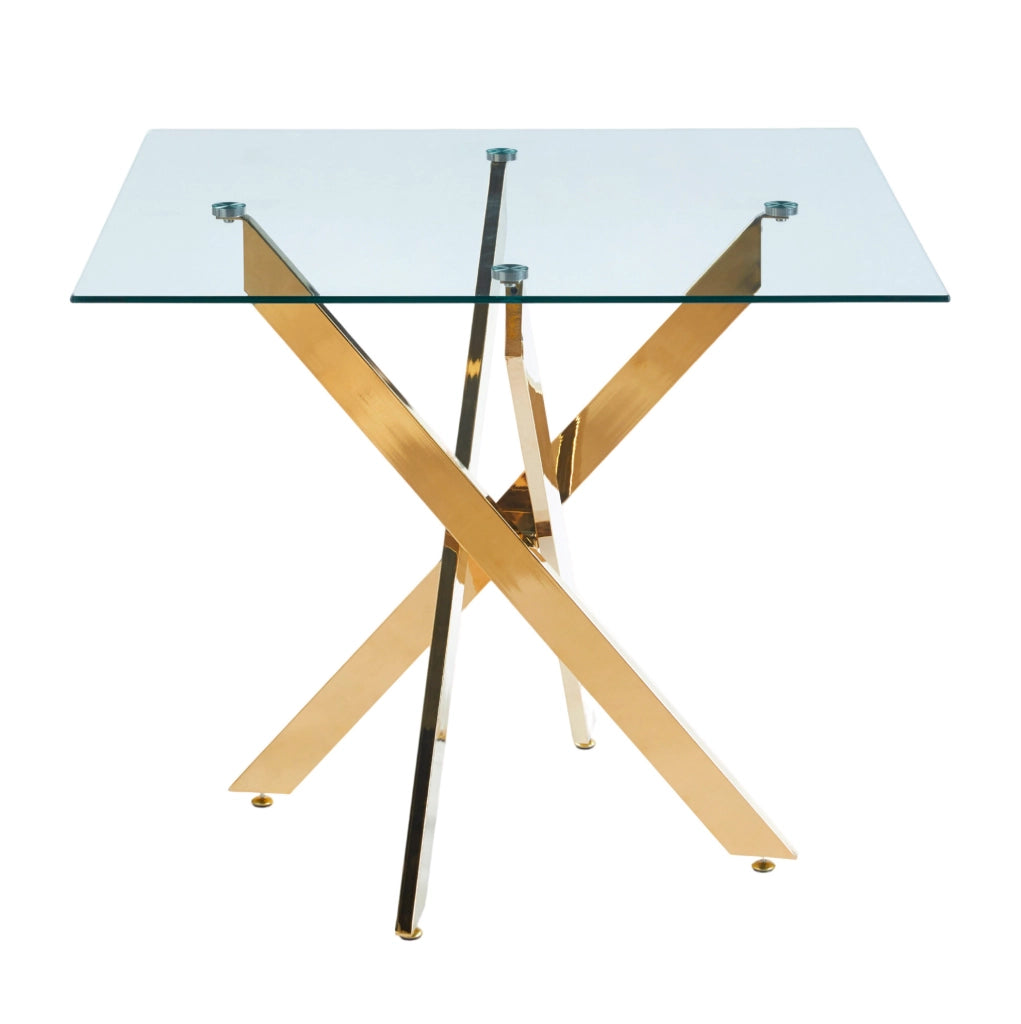 Tavolo da pranzo quadrato 80x80x75 cm con piano in vetro temperato e gambe in metallo dorato