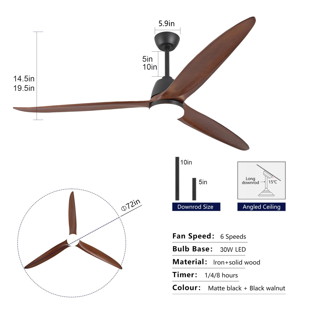 Ventilatore da soffitto 72" con LED dimmerabile; 3 pale in acero massello; nero e noce scuro