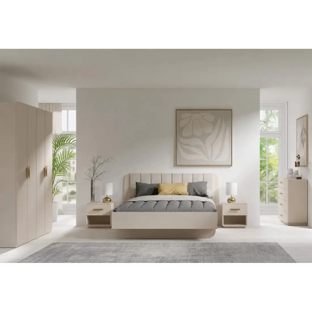 Letto AMALIE 180x200 cm – Testiera in tessuto beige – Rete inclusa