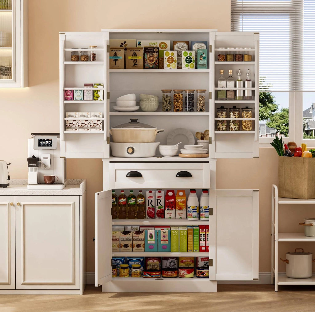 Credenza alta da cucina 80x40x182 cm con 4 ante; cassetto e ripiani regolabili in MDF bianco
