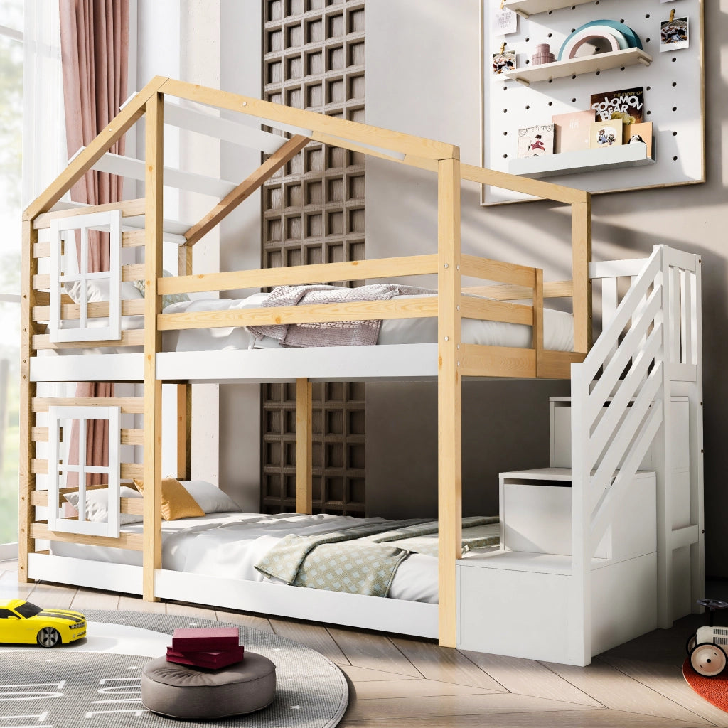 Letto a castello per bambini 90x200 cm a casetta con design ad albero; cassetti contenitore; legno massello e MDF; bianco e naturale