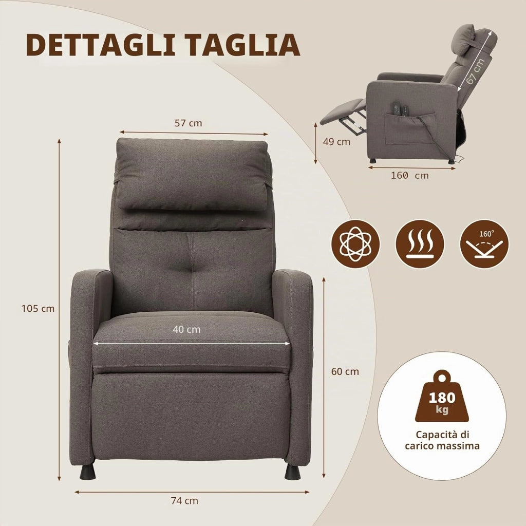 Poltrona Reclinabile Elettrica; Sedia Massaggiante 90°-165°; Poltrone Relax Elettriche con Riscaldamento; 4 Punti Massaggio; 2 Memorie Di Posizione; Poggiapiedi; Tasche Laterali;Portata 180kg; Marrone
