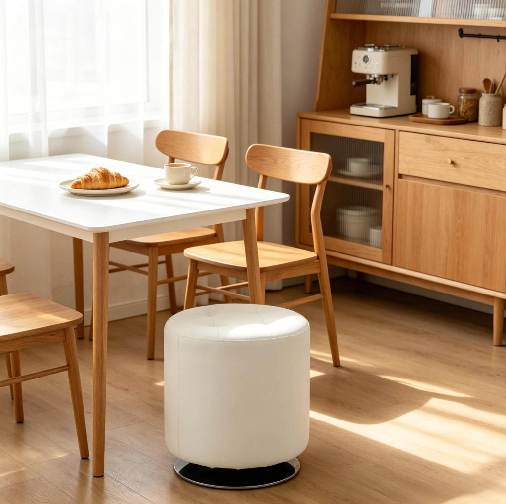 Pouf poggiapiedi rotondo girevole in PU bianco con struttura in acciaio cromato, Ø 45,5 cm