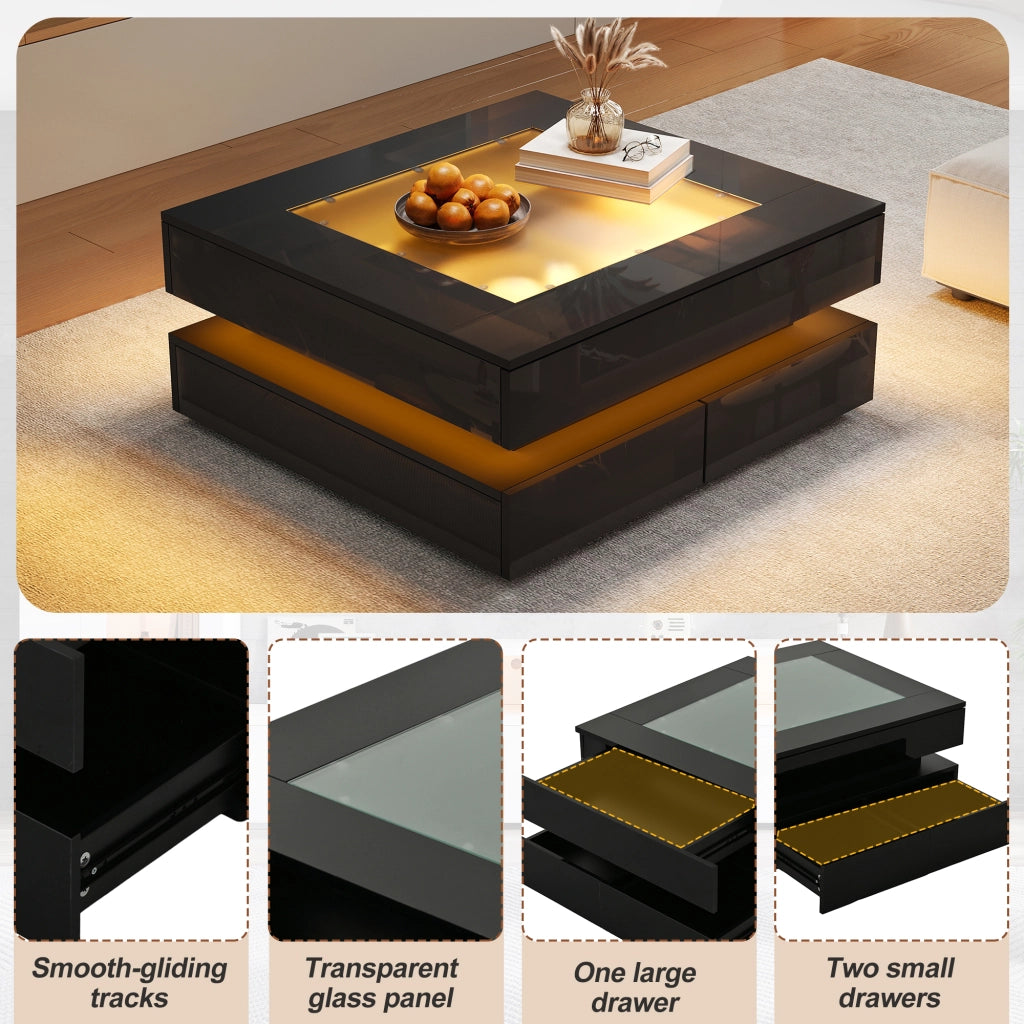 Tavolino basso quadrato con LED e 3 cassetti, piano in vetro temperato e finitura lucida nera 70 × 70 × 35 cm