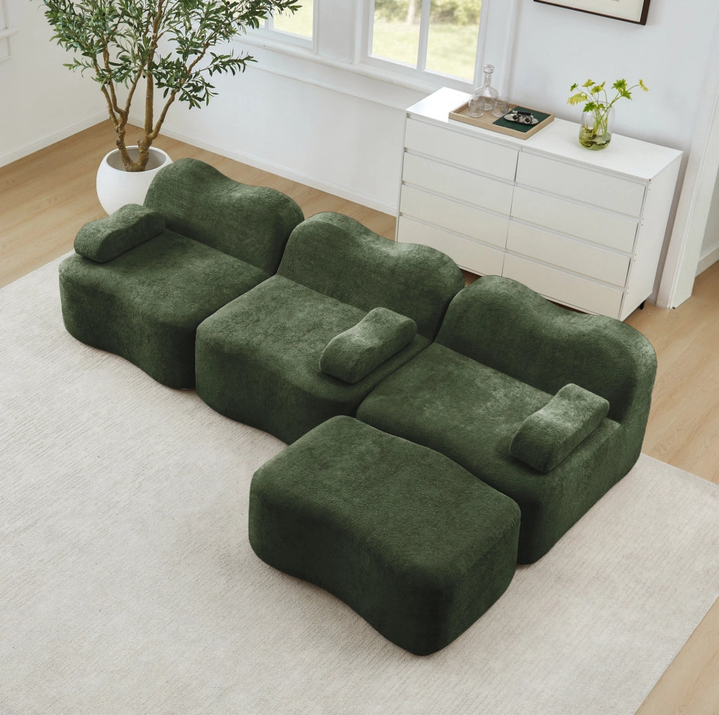Divano modulare angolare verde in velluto, 3 posti con pouf, schiuma ad alta resilienza 32D