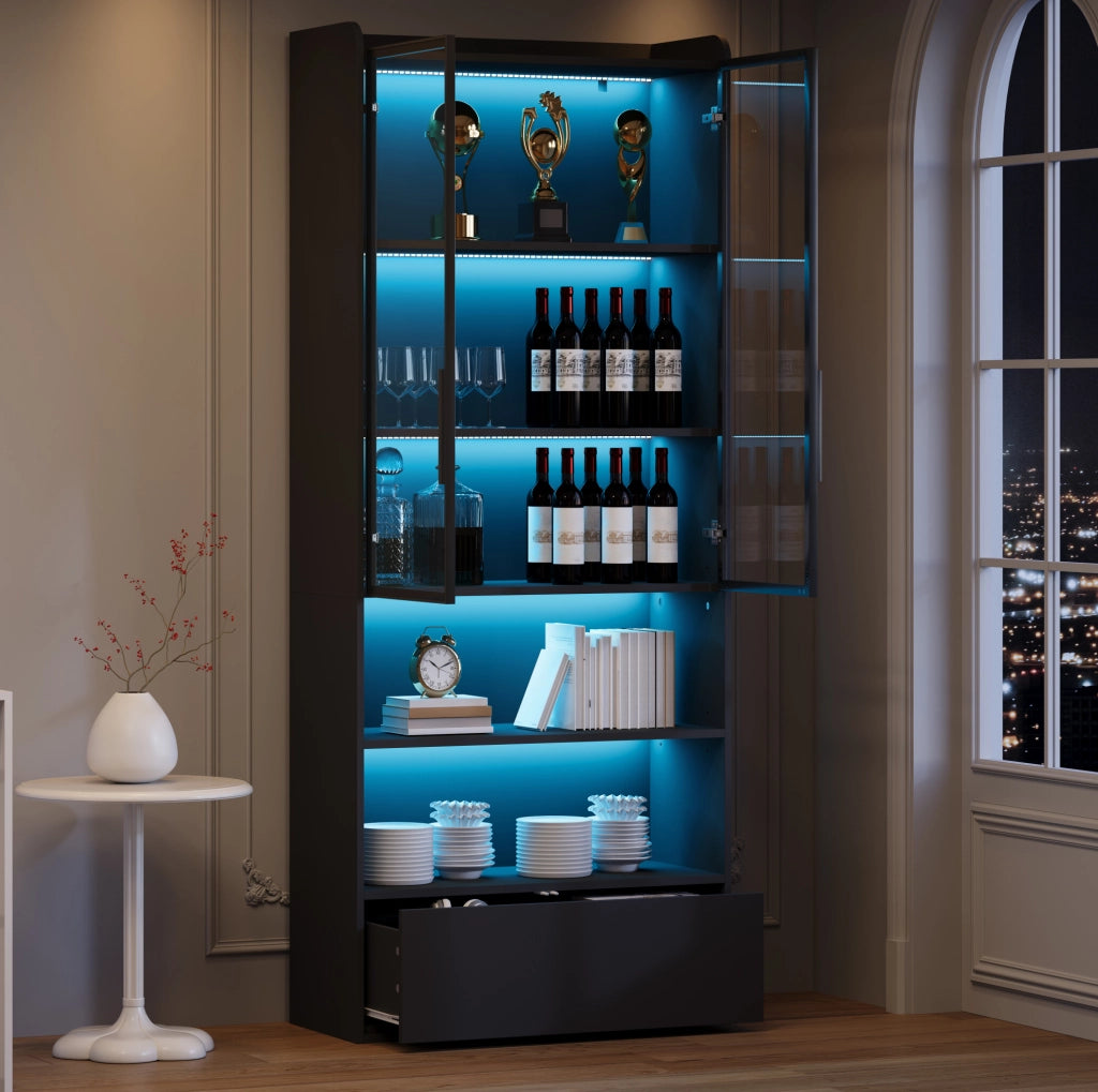 Vetrina Alta 80x34x180 cm con Vetro, 1 Cassetto e Illuminazione LED Controllabile via App, Nero