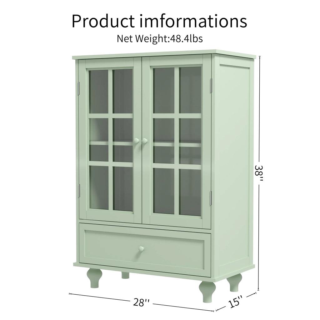 Mobile Buffet Minimalista Verde Menta con 2 Ante in Vetro e Cassetti, Credenza in Legno Moderna per Soggiorno, Sala da Pranzo, Ingresso