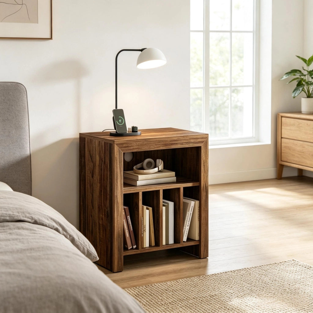 Supporto per giradischi in legno con ripiani aperti e divisori, comodino versatile per vinili e piccoli oggetti