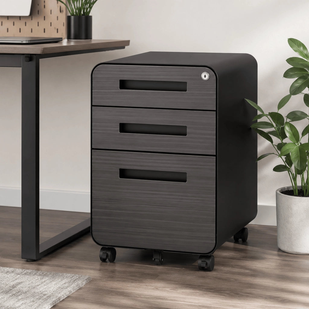 Cassettiera da scrivania 3 cassetti con serratura e ruote; per file A4. metallo nero marrone 53.5 × 47.0 × 62.7 cm