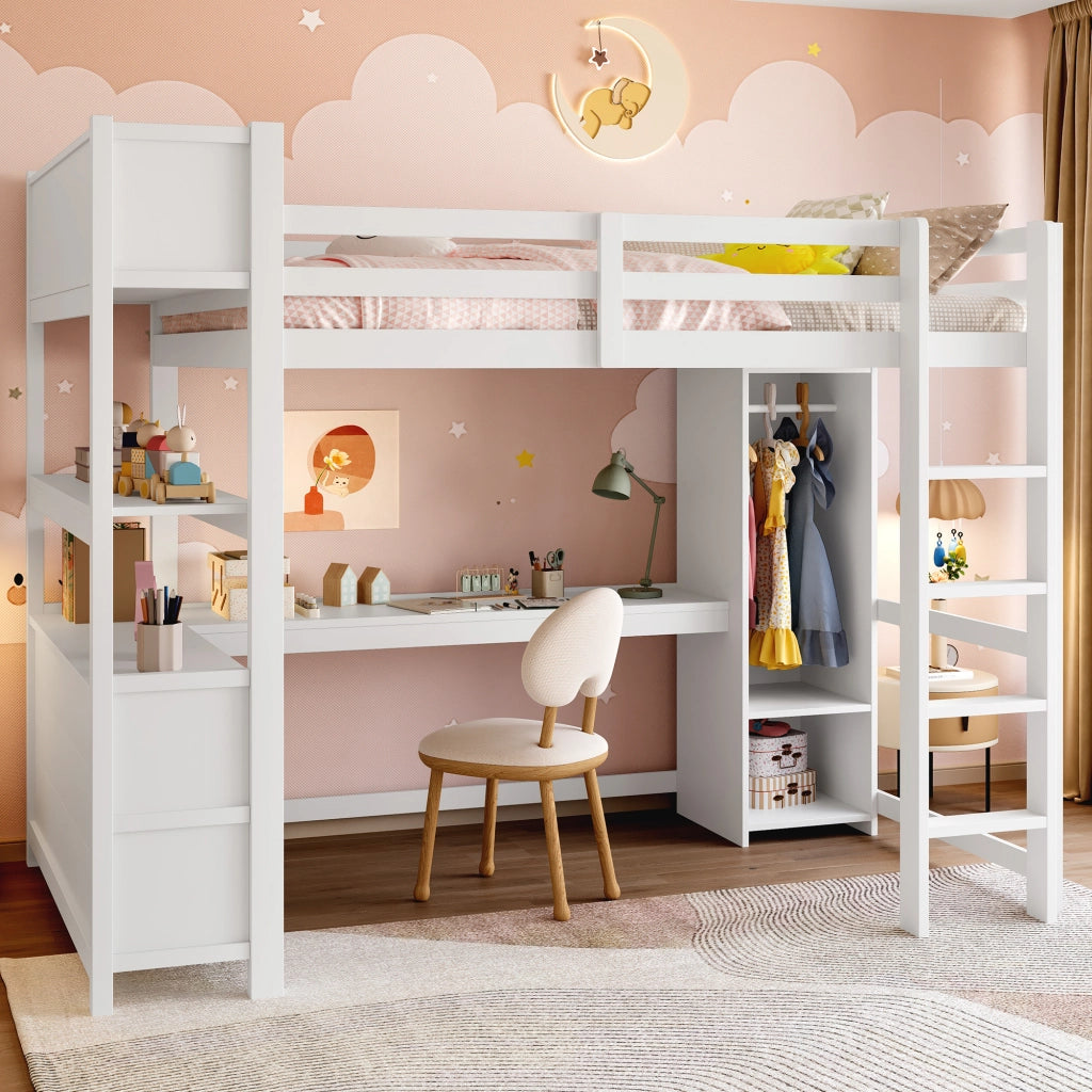 Letto a soppalco per bambini 140x200 cm con scrivania; armadio; mensole e vani portaoggetti; salvaspazio; bianco