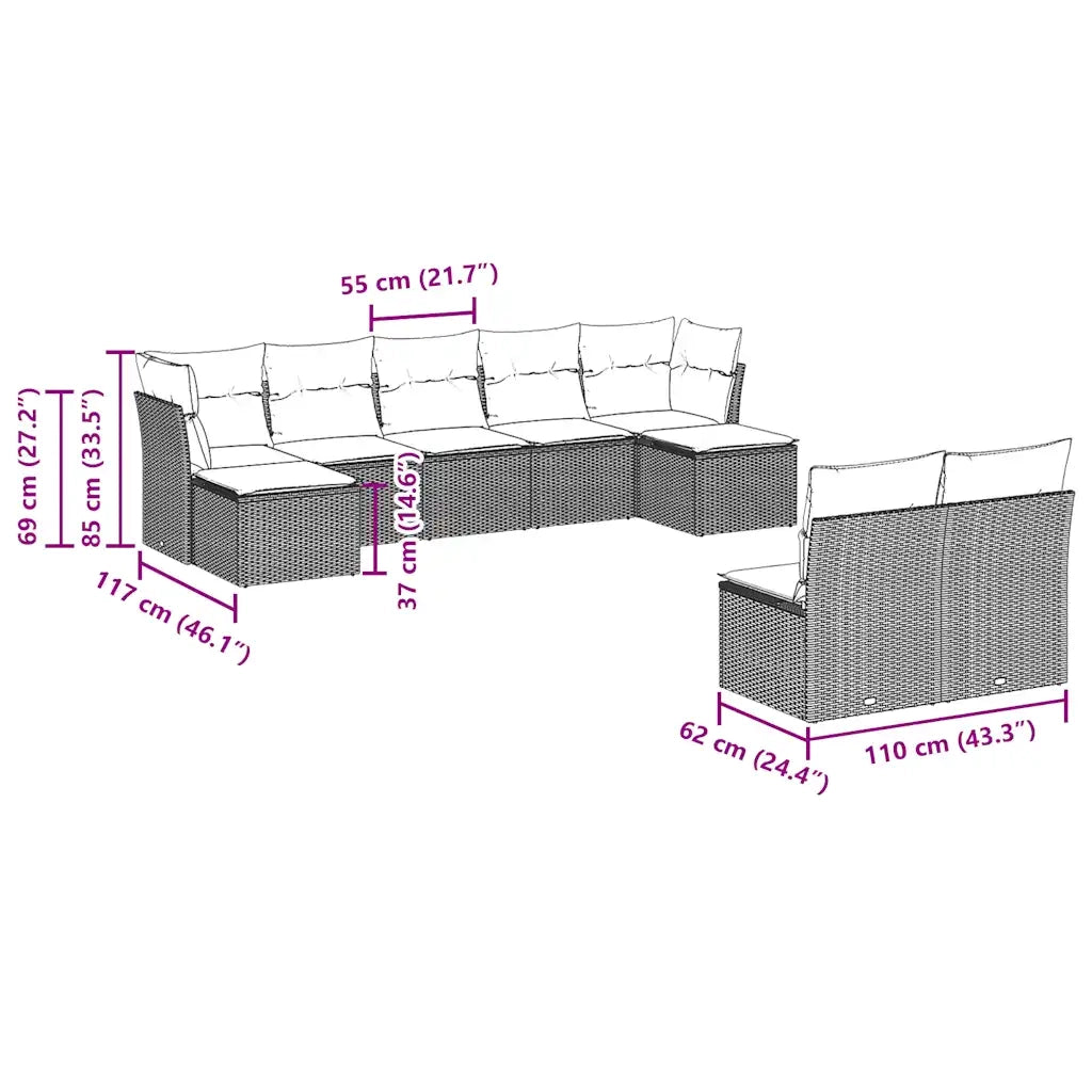 Set Divani da Giardino 9 pz con Cuscini Nero in Polyrattan