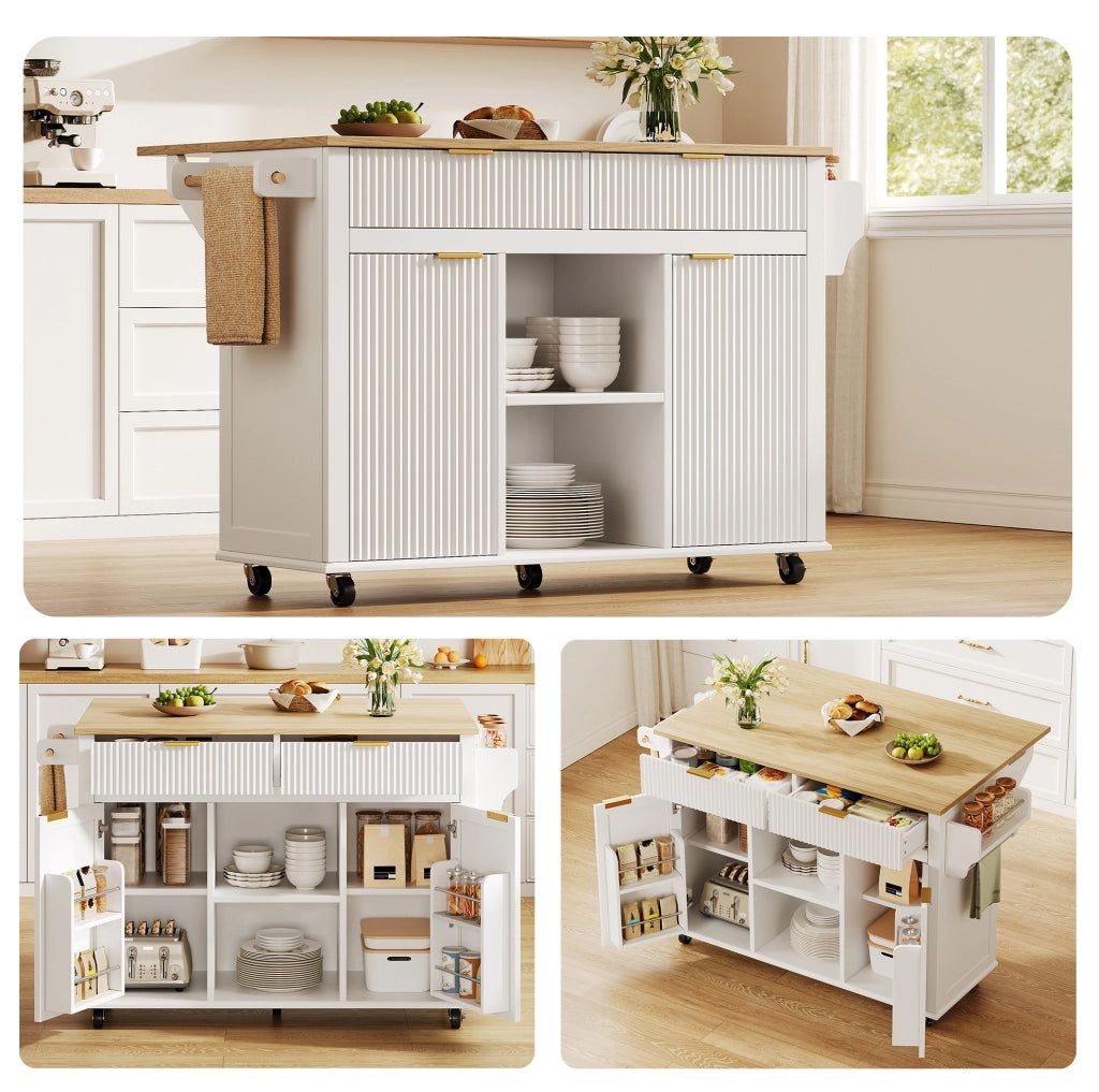 Isola da cucina su ruote 120x45 cm con piano di lavoro ribaltabile, 2 cassetti, 2 ante, portastoviglie e portasciugamani, bianco