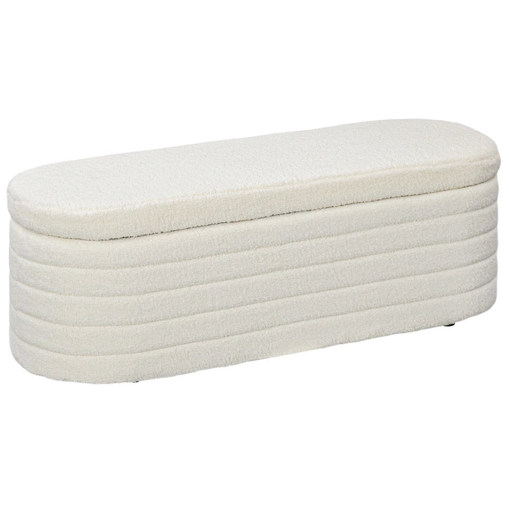 Panca da letto con contenitore in Teddy-Fleece crema 116x41x40,5 cm, struttura in legno di eucalipto, portata 120 kg