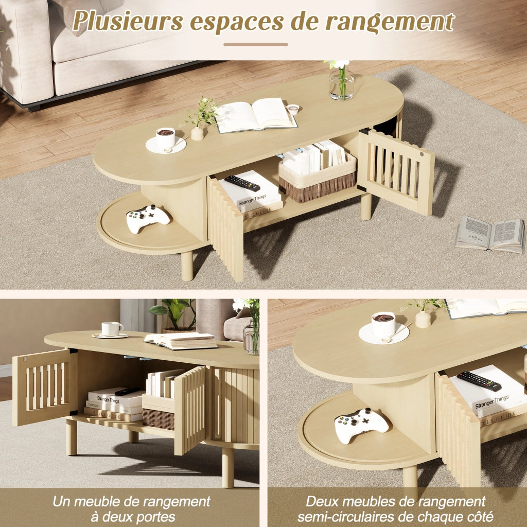 Tavolino basso fisso ovale con 2 ante a lamelle e anta scorrevole avvolgibile in MDF naturale 100 × 40 × 38 cm