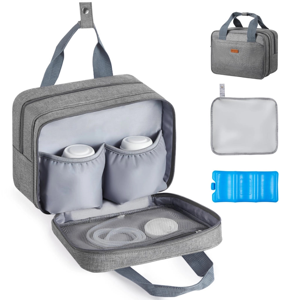 Borsa per Tiralatte e Biberon ZL-SND-0624 Termica con Impacchi di Ghiaccio Borsa Frigo Portatile Grigia per Viaggio e Lavoro 290x160x210 mm