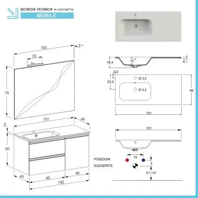 Mobile bagno sospeso 100 cm bianco opaco con cassetti e anta completo di lavabo a sinistra e specchio Master