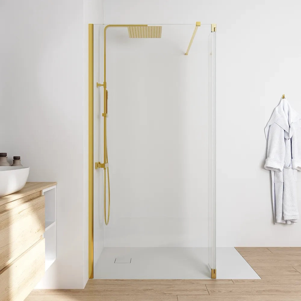 Doccia walk-in 120cm + anta girevole 30cm vetro 8mm trasparente anticalcare profili oro spazzolato h200 | Keros