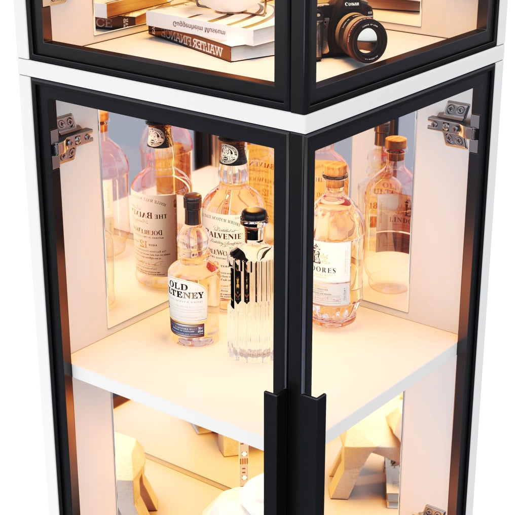 Vetrina angolare in vetro 44×42×164 cm con retro specchiato, illuminazione LED multicolore, bianca