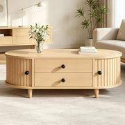 Tavolino da salotto 100x50 cm con 2 cassetti e ante avvolgibili; MDF effetto legno naturale HOMVRA