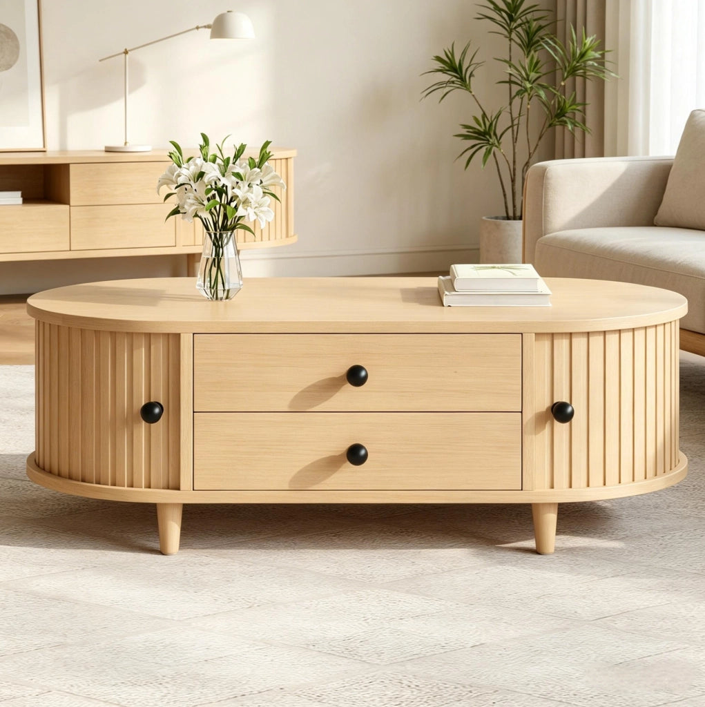 Tavolino da salotto 100x50 cm con 2 cassetti e ante avvolgibili; MDF effetto legno naturale HOMVRA