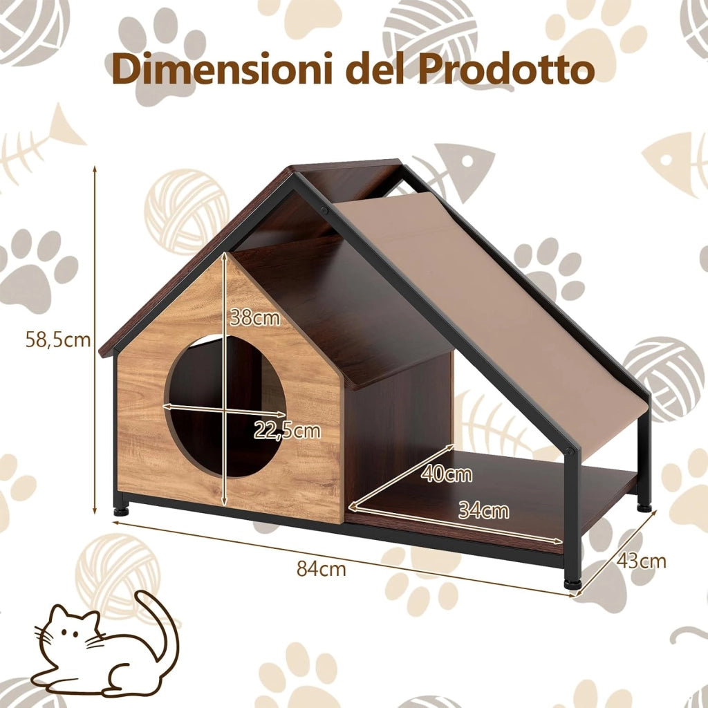 Casetta per Gatti da Interno con Veranda, 84 x 43 x 58,5 cm
Cuccia per Gatti in Legno con Tetto Inclinato Staccabile e Struttura in Metallo, Villa Industriale per Gattini