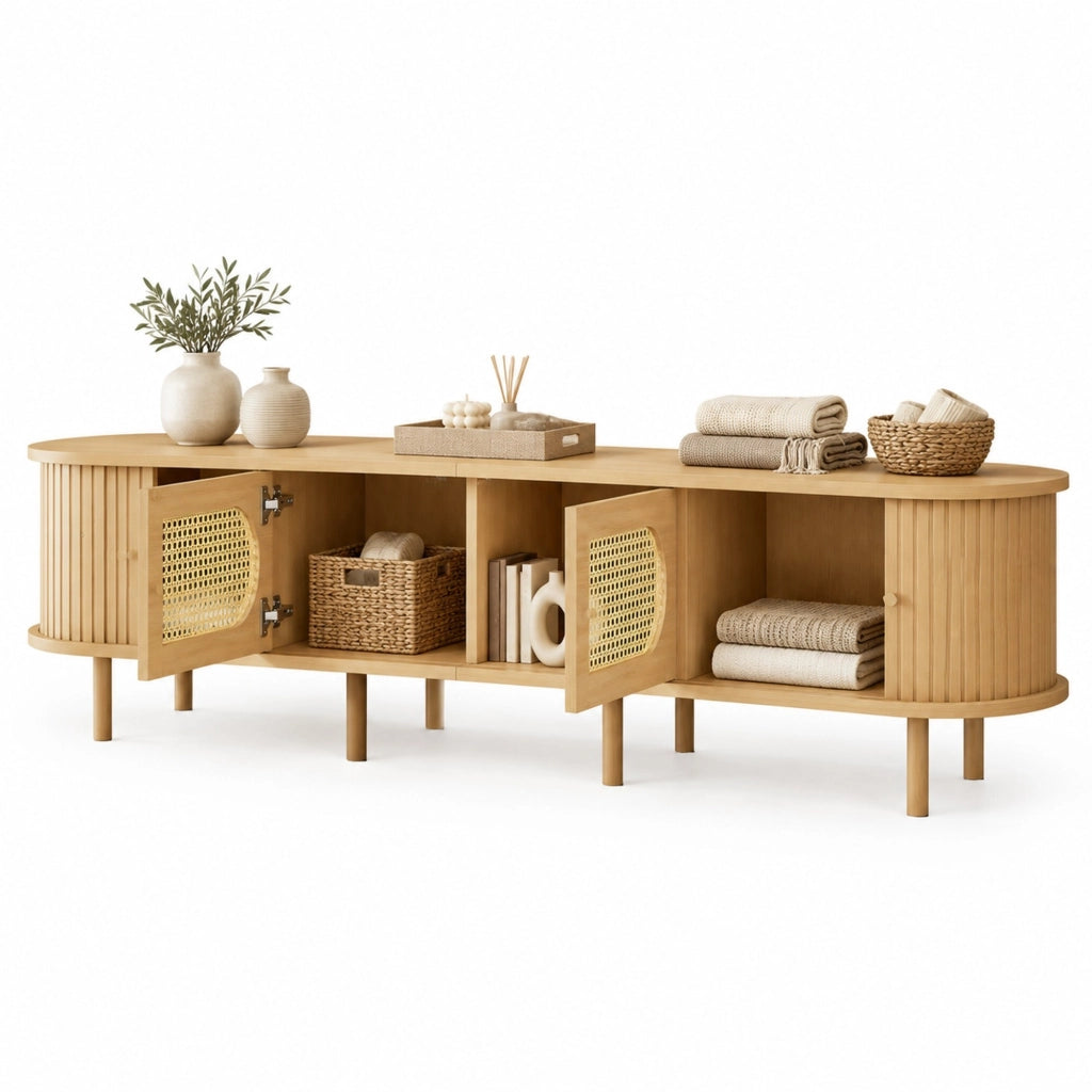 Mobile TV ULEVR 180x40x40 cm con 2 ante e 2 serrande scorrevoli, design rattan, MDF naturale