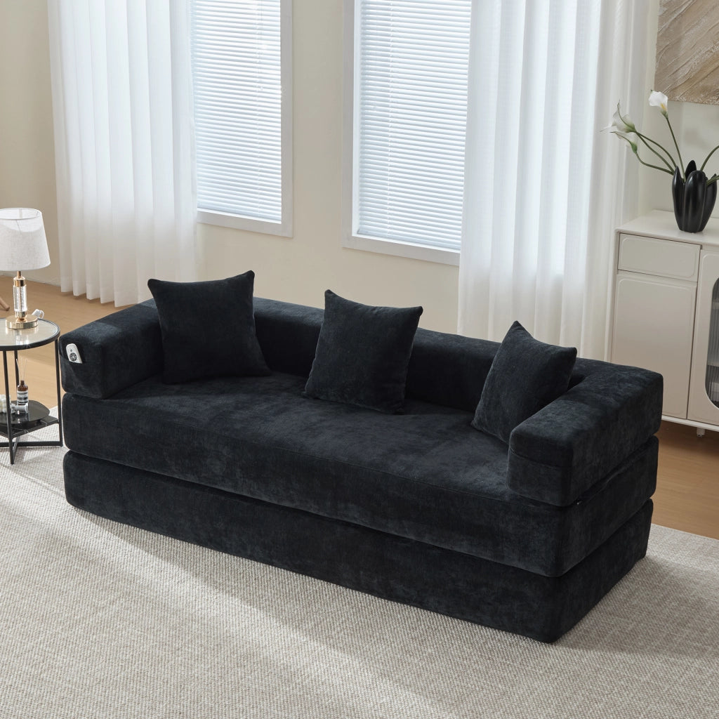 Divano modulare in chenille con tasche laterali e base antiscivolo - nero