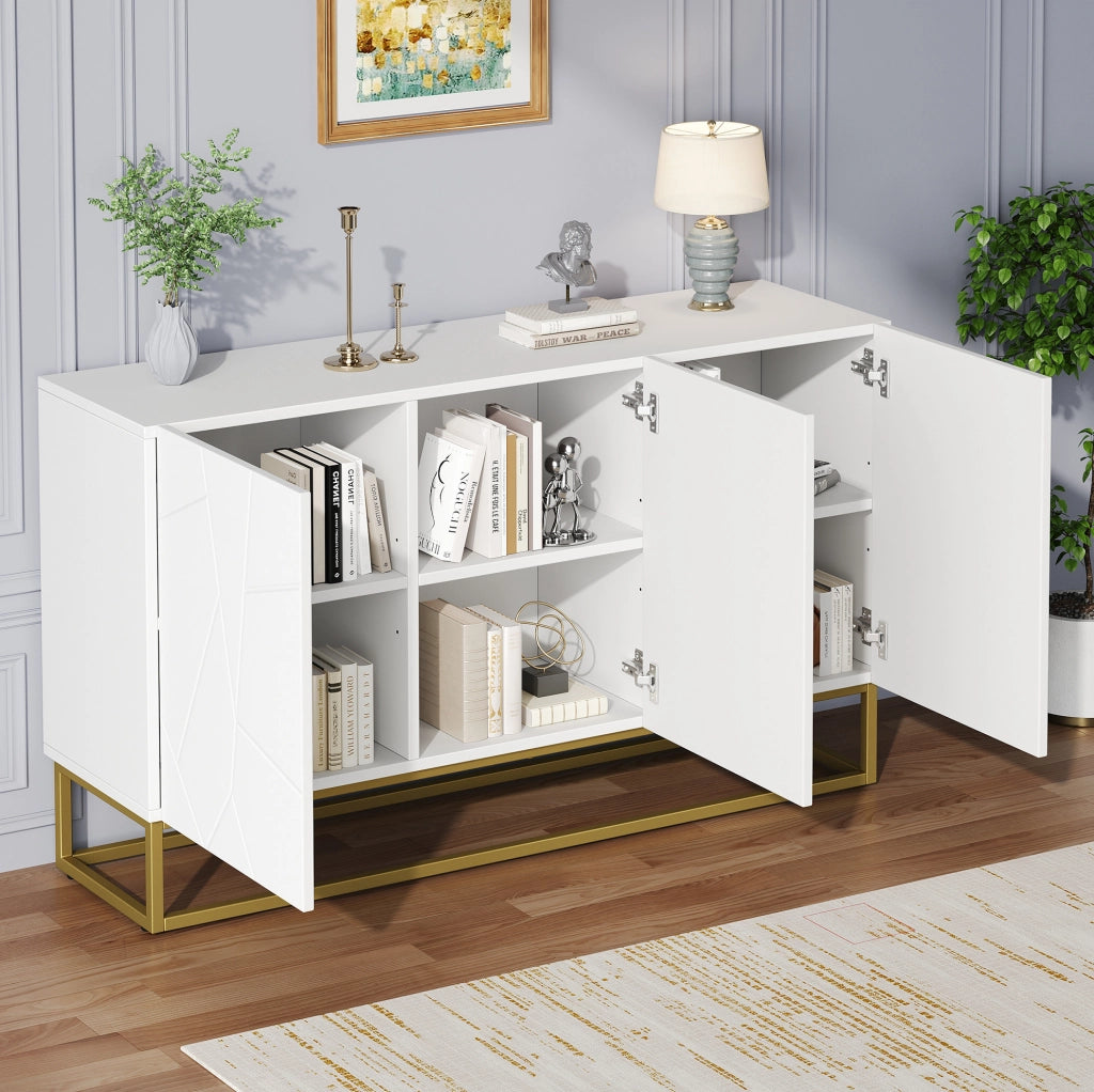 Sideboard moderno bianco in truciolato lucido 130x38x76 cm con 3 ante e ripiani regolabili